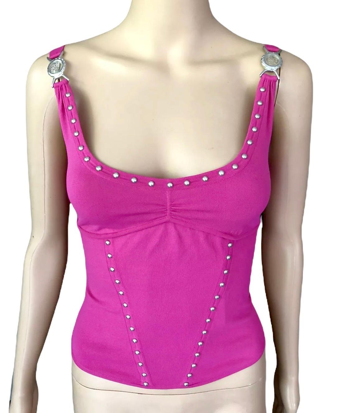 Viola Versace P/E 2005 - Crop Top in maglia con fibbie e logo impreziosito in vendita