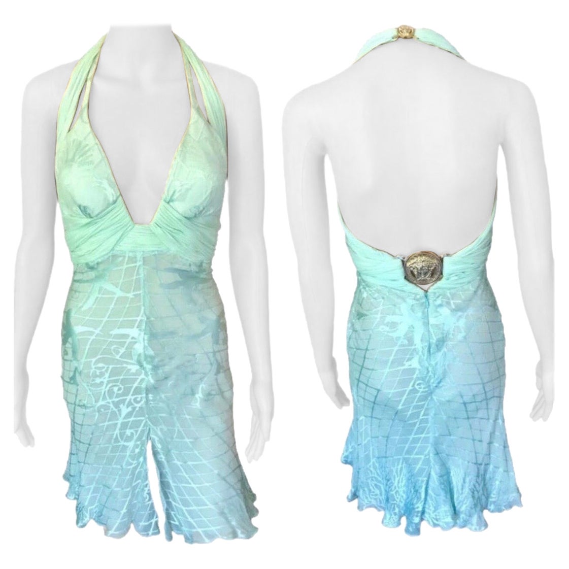 Versace S/S 2005 Embellished Medusa Logo Plunged Backless Mini Dress