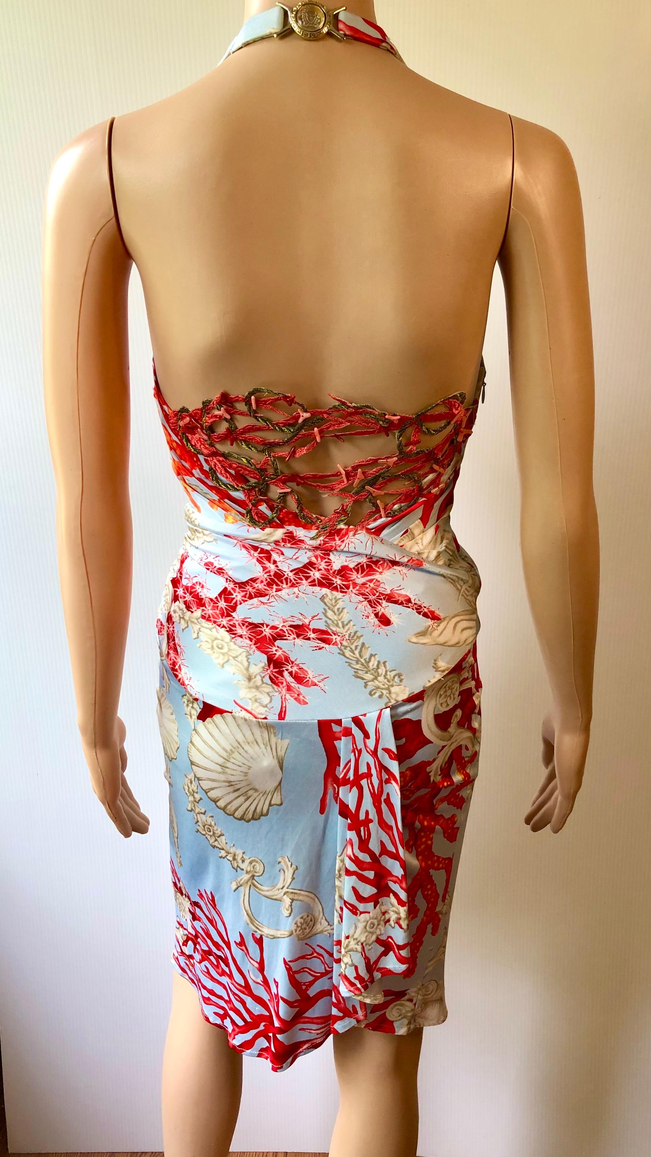 Gray Versace S/S 2005 Embellished Seashell Print Plunged Open Back Dress