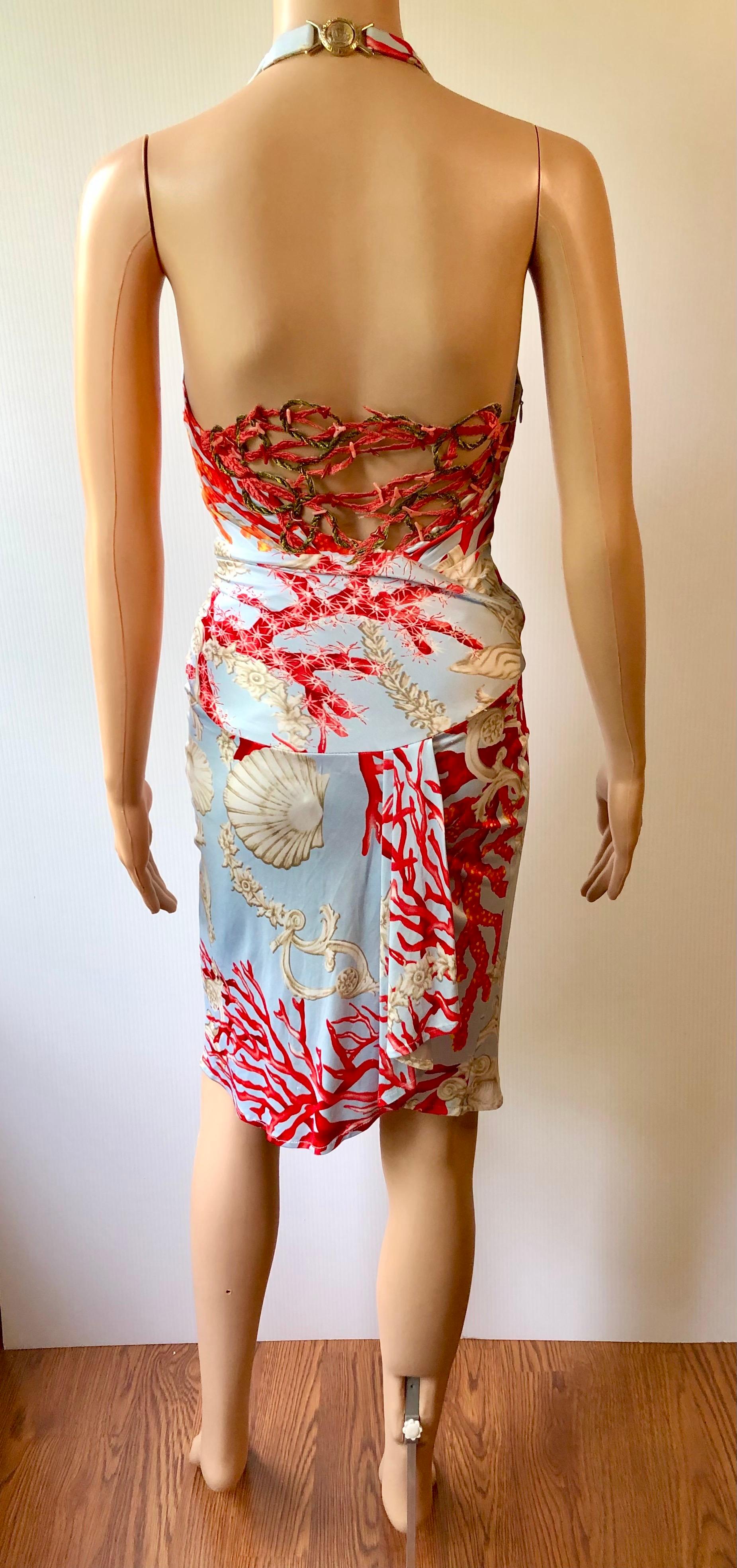 Versace S/S 2005 Embellished Seashell Print Plunged Open Back Dress In Excellent Condition In Naples, FL