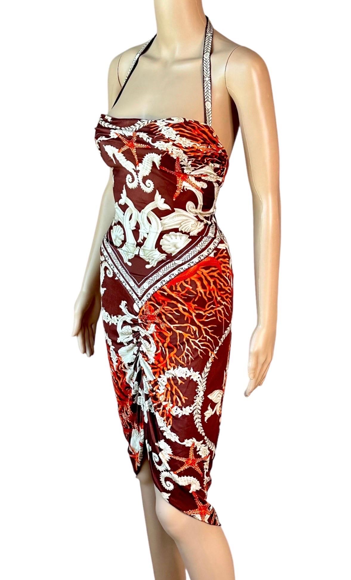 Versace S/S 2005 Embellished Trésor De La Mer Print Cutout Back Halter Dress In Good Condition For Sale In Naples, FL