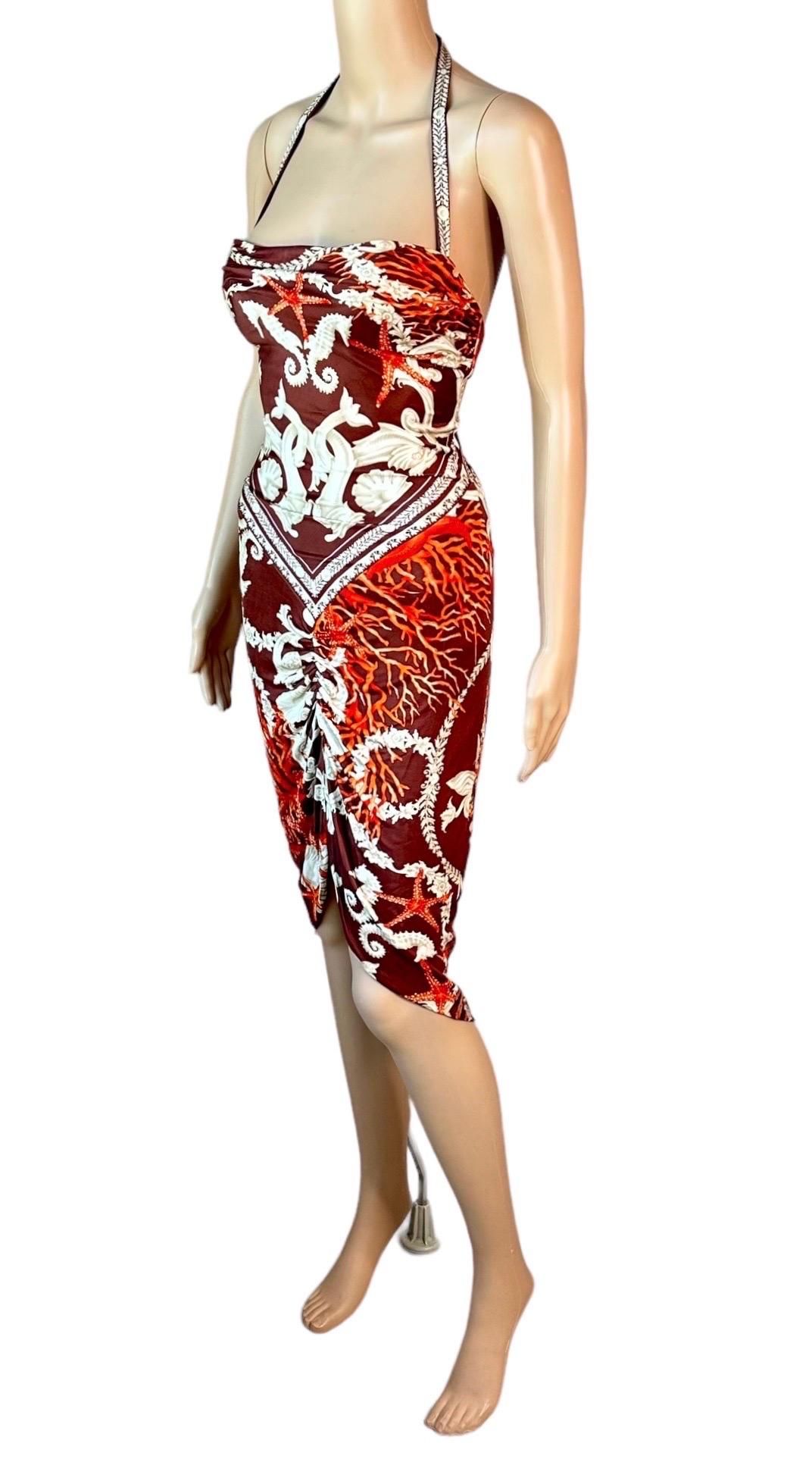 Versace S/S 2005 Embellished Trésor De La Mer Print Cutout Back Halter Dress For Sale 2