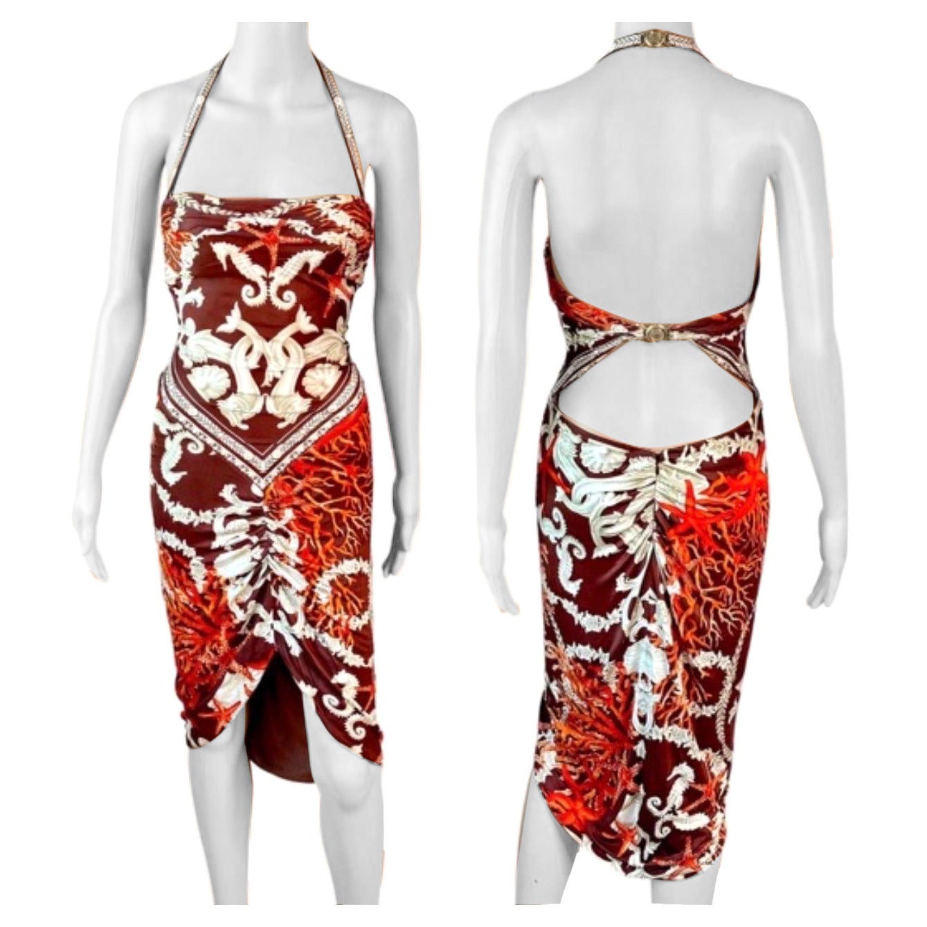Versace S/S 2005 Verschönertes Trésor De La Mer Print Ausgeschnittenes Neckholder-Kleid im Angebot