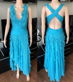 Versace S/S 2004 Halter Open Back Ruffles Turquoise Evening Dress Gown