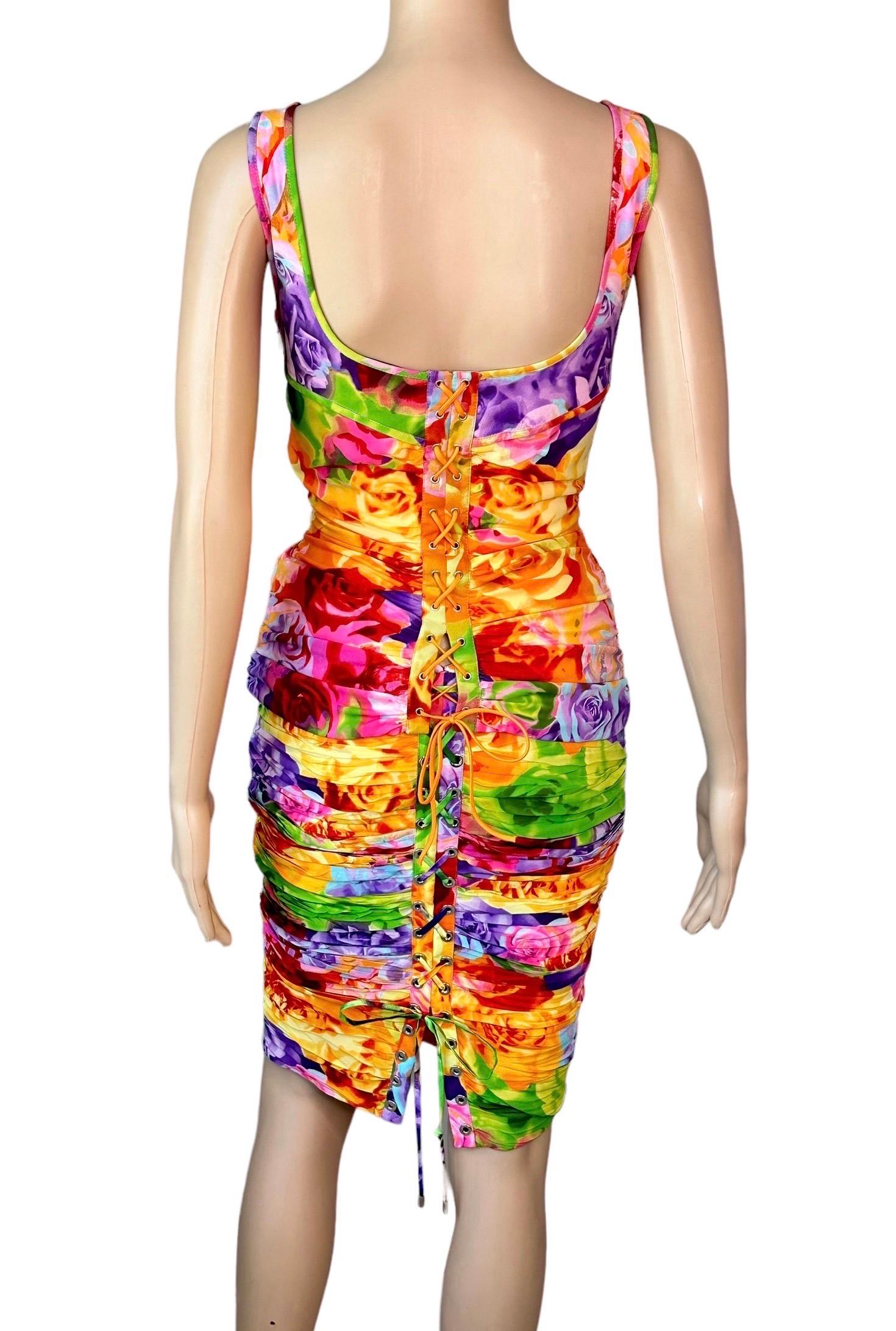 Versace S/S 2005 Lace Up Floral Print Bustier Top & Ruched Skirt 2 Piece Set In Excellent Condition In Naples, FL