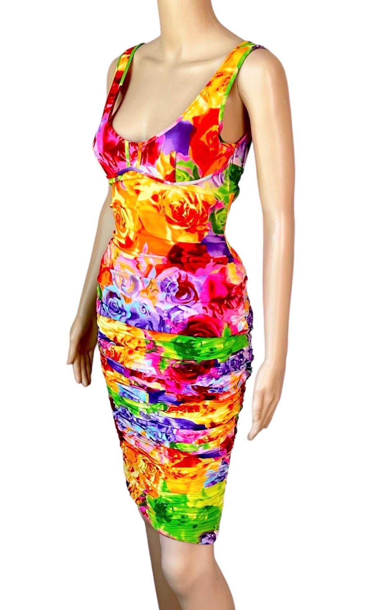 Women's Versace S/S 2005 Lace Up Floral Print Bustier Top & Ruched Skirt 2 Piece Set