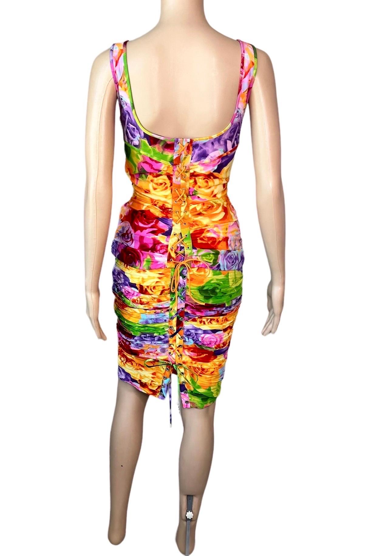 Versace S/S 2005 Lace Up Floral Print Bustier Top & Ruched Skirt 2 Piece Set 2