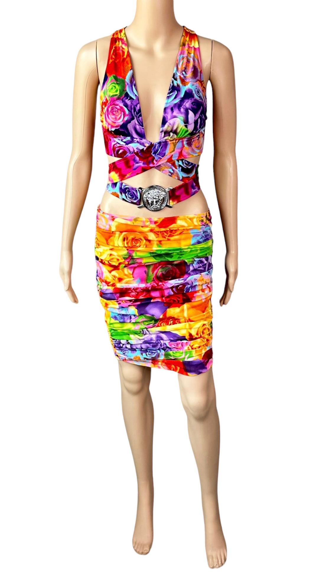 Versace S/S 2005 Logo Embellished Belted Wrap Crop Top & Skirt 2 Piece Set For Sale 6