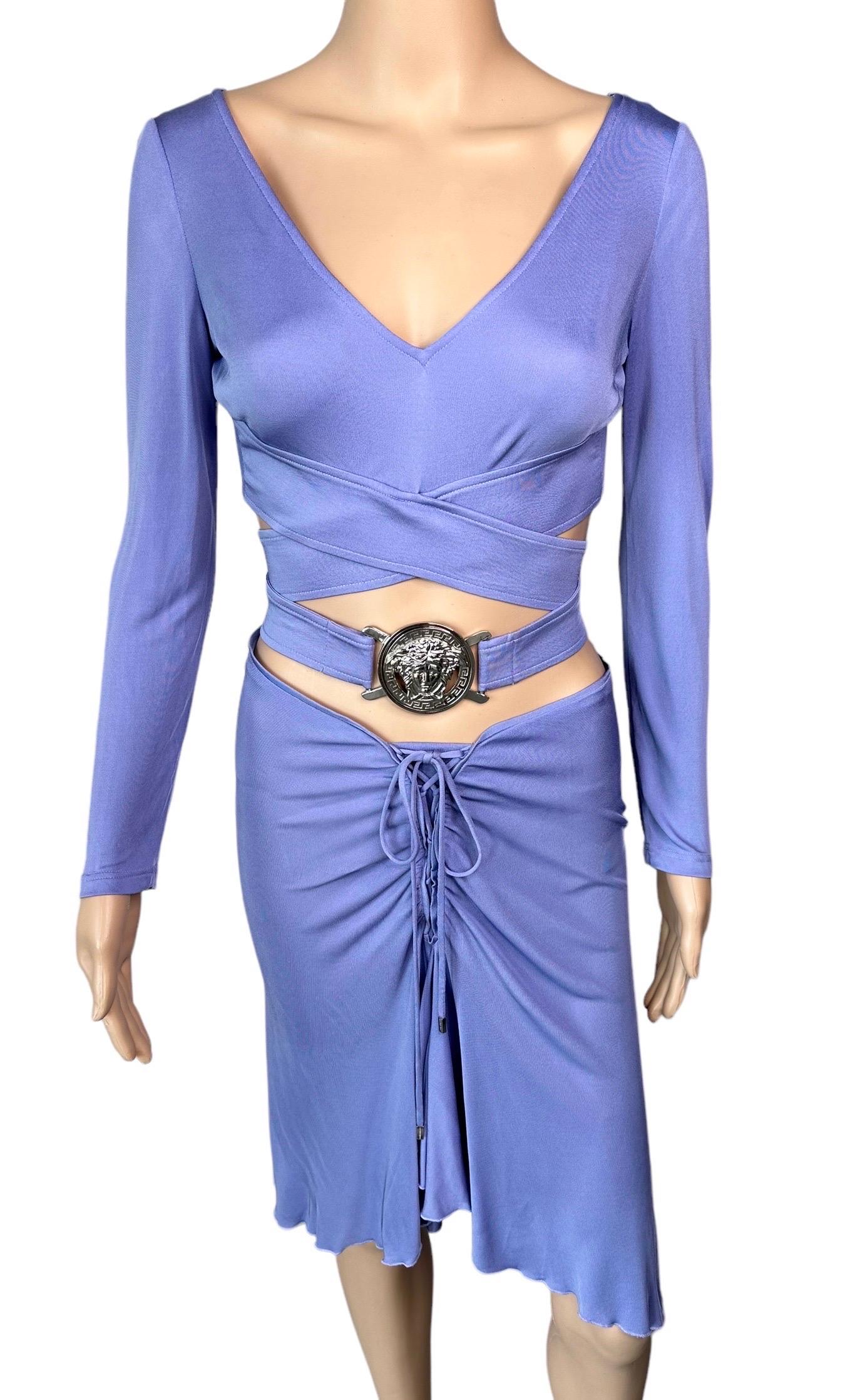 Versace S/S 2005 Logo Embellished Belted Wrap Crop Top & Skirt 2 Piece Set IT 40