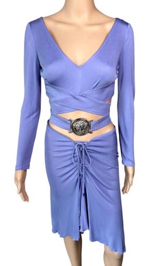 Versace S/S 2005 Logo Embellished Belted Wrap Crop Top & Skirt 2 Piece Set