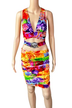 Versace S/S 2005 Logo Embellished Belted Wrap Crop Top & Skirt 2 Piece Set