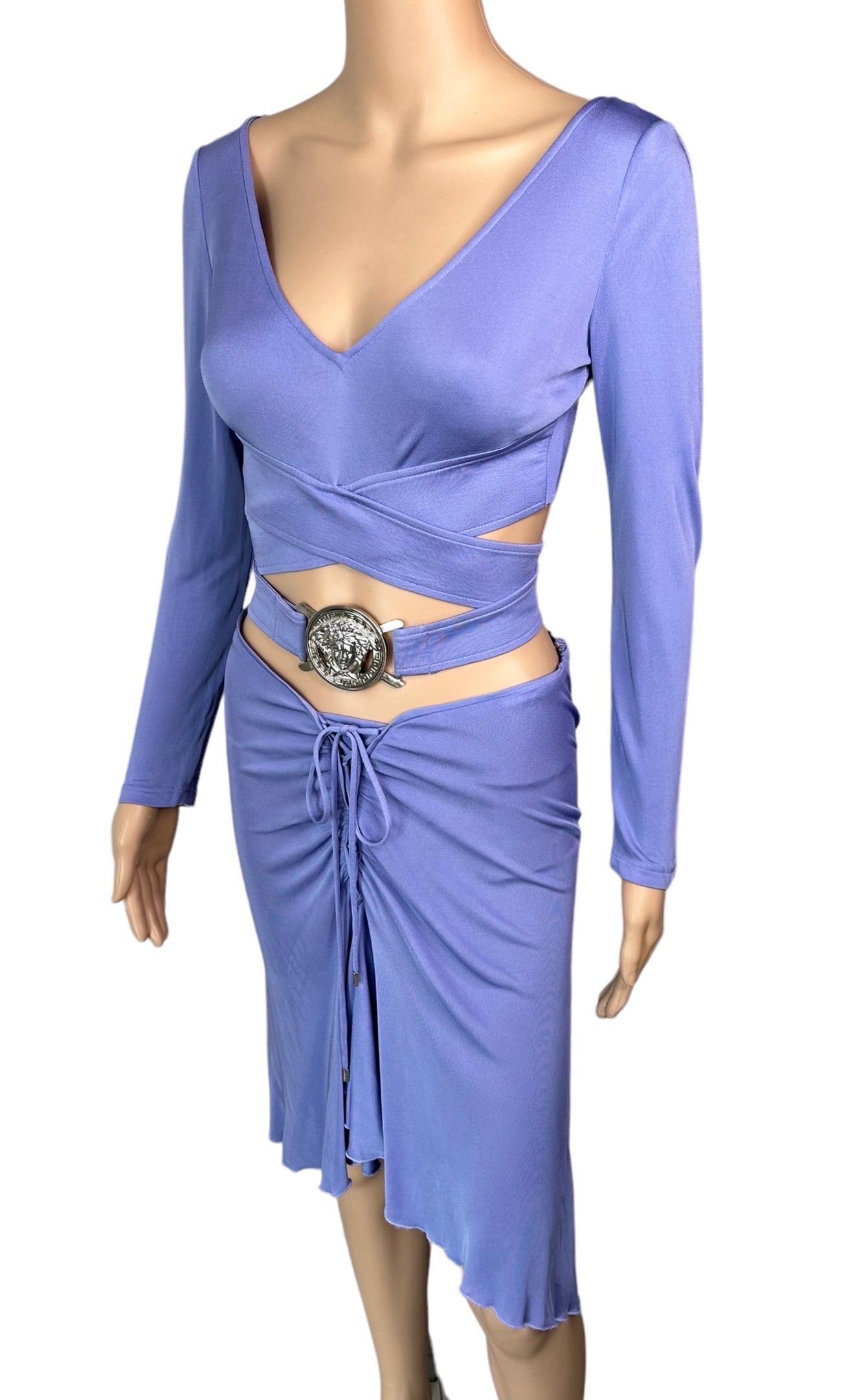 Purple Versace S/S 2005 Logo Embellished Belted Wrap Crop Top & Skirt 2 Piece Set For Sale