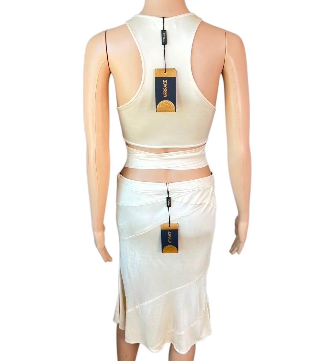 Beige Versace P/E 2005 Logo Embellished Belted Wrap Crop Top & Skirt Set 2 pezzi in vendita