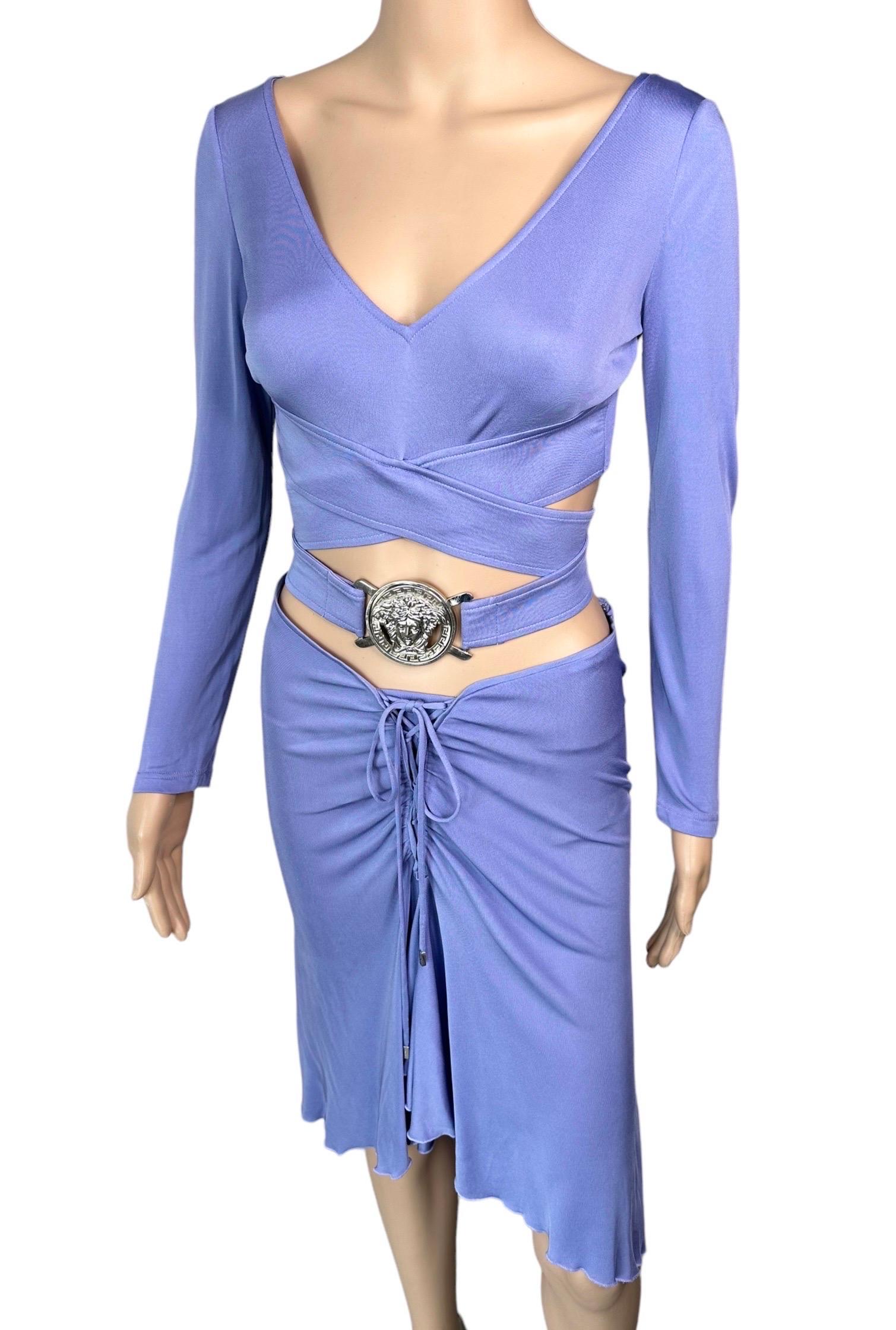 Versace S/S 2005 Logo Embellished Belted Wrap Crop Top & Skirt 2 Piece Set In Good Condition For Sale In Naples, FL