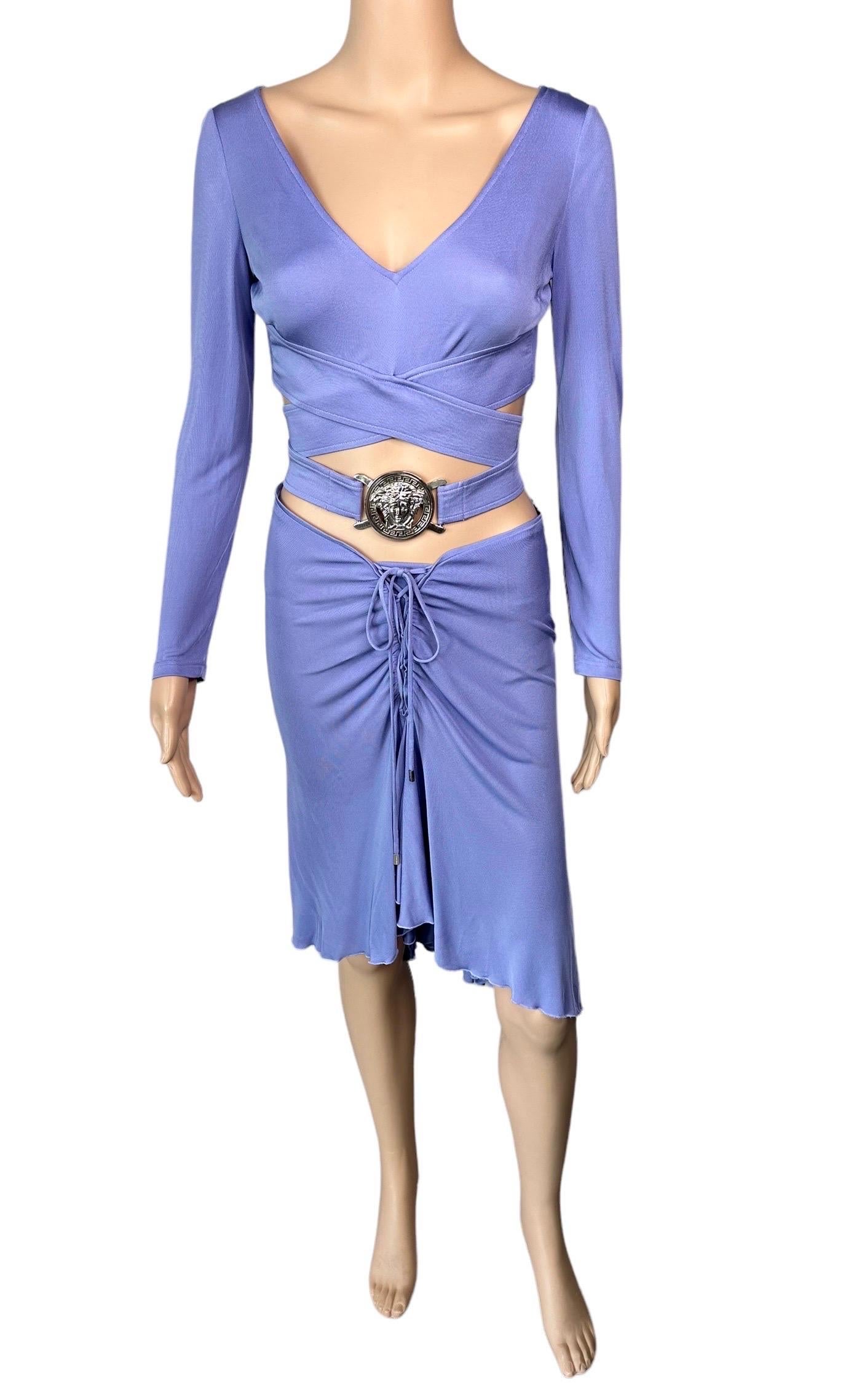 Women's or Men's Versace S/S 2005 Logo Embellished Belted Wrap Crop Top & Skirt 2 Piece Set For Sale