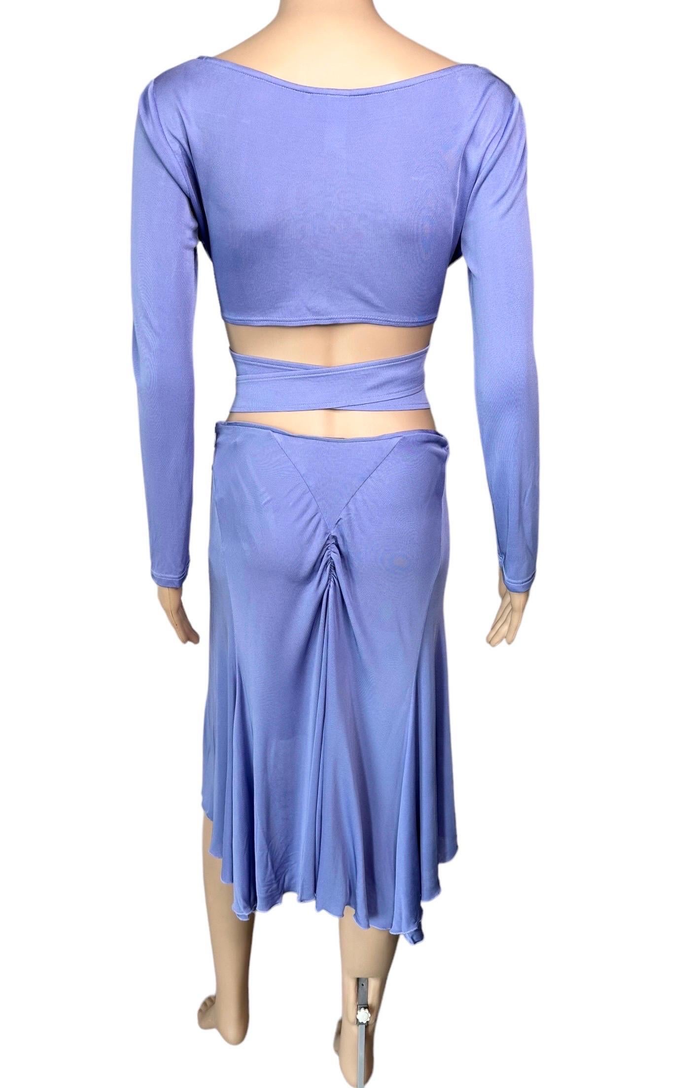 Versace S/S 2005 Logo Embellished Belted Wrap Crop Top & Skirt 2 Piece Set For Sale 1