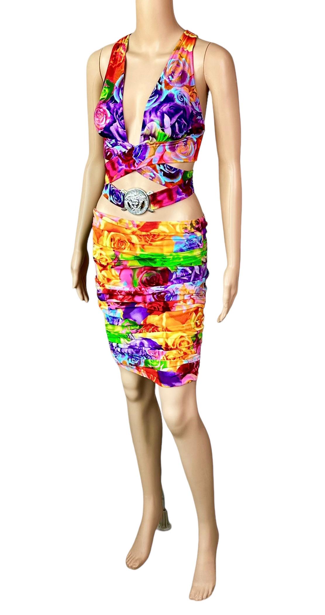 Versace S/S 2005 Logo Embellished Belted Wrap Crop Top & Skirt 2 Piece Set For Sale 3