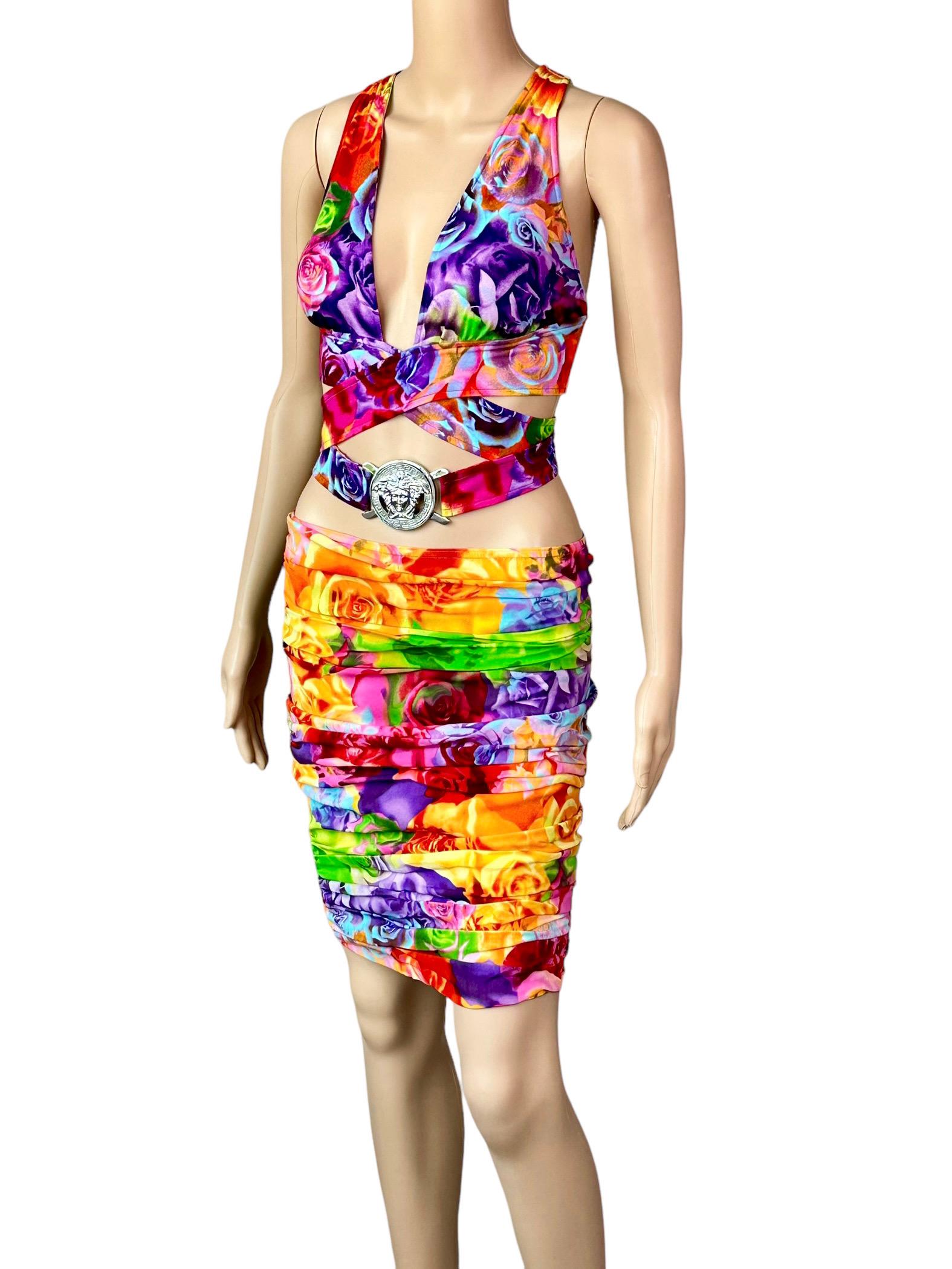 Versace S/S 2005 Logo Embellished Belted Wrap Crop Top & Skirt 2 Piece Set For Sale 4