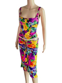 Versace S/S 2005 Logo Embellished Buckles Floral Crop Top & Skirt 2 Piece Set