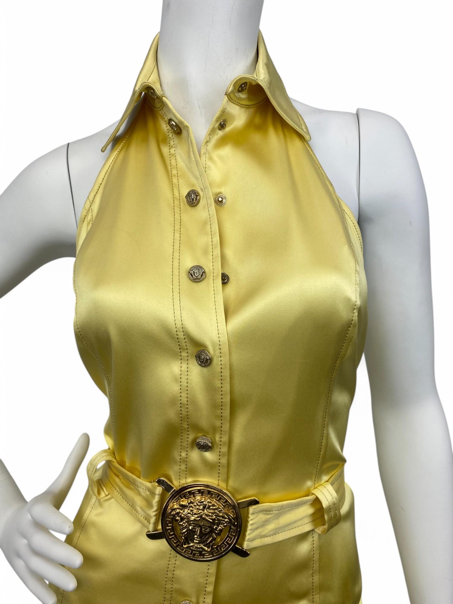 Beige Versace S/S 2005 Open Back Yellow Silk Dress Sz: 42 For Sale