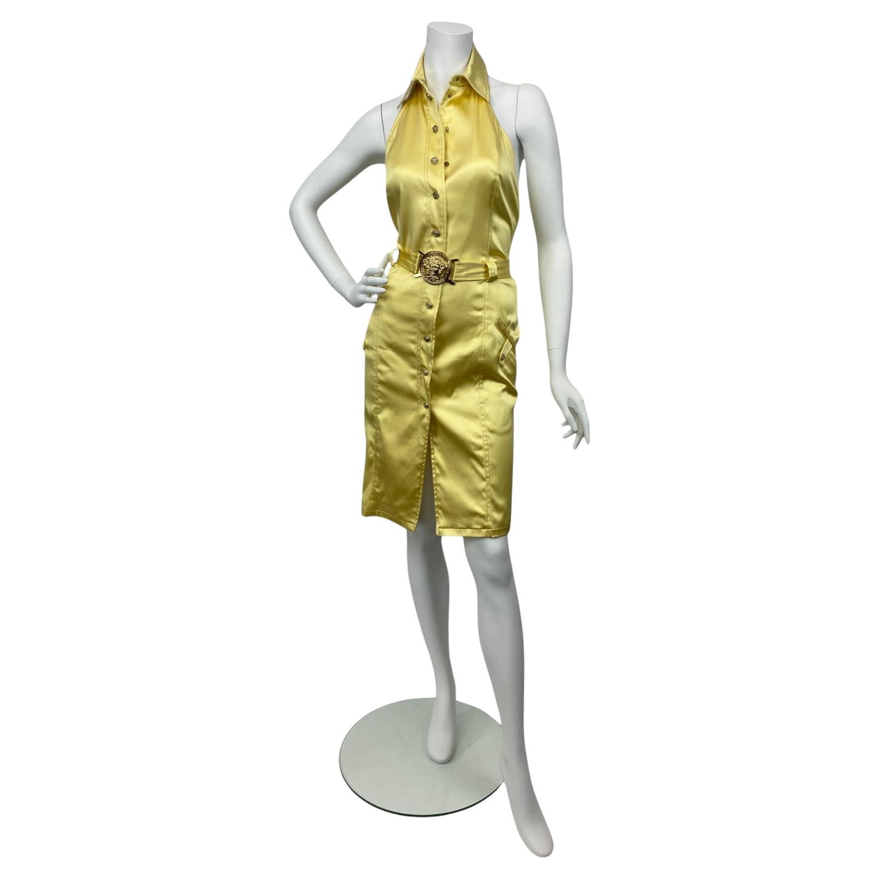 Versace S/S 2005 Open Back Yellow Silk Dress Sz: 42 For Sale