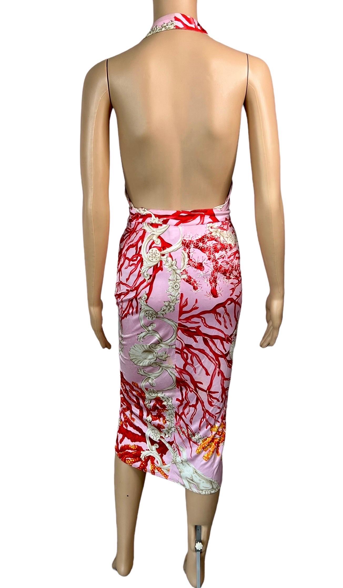 Beige Versace S/S 2005 Plunging Neckline Backless Seashell Print Belted Wrap Dress For Sale
