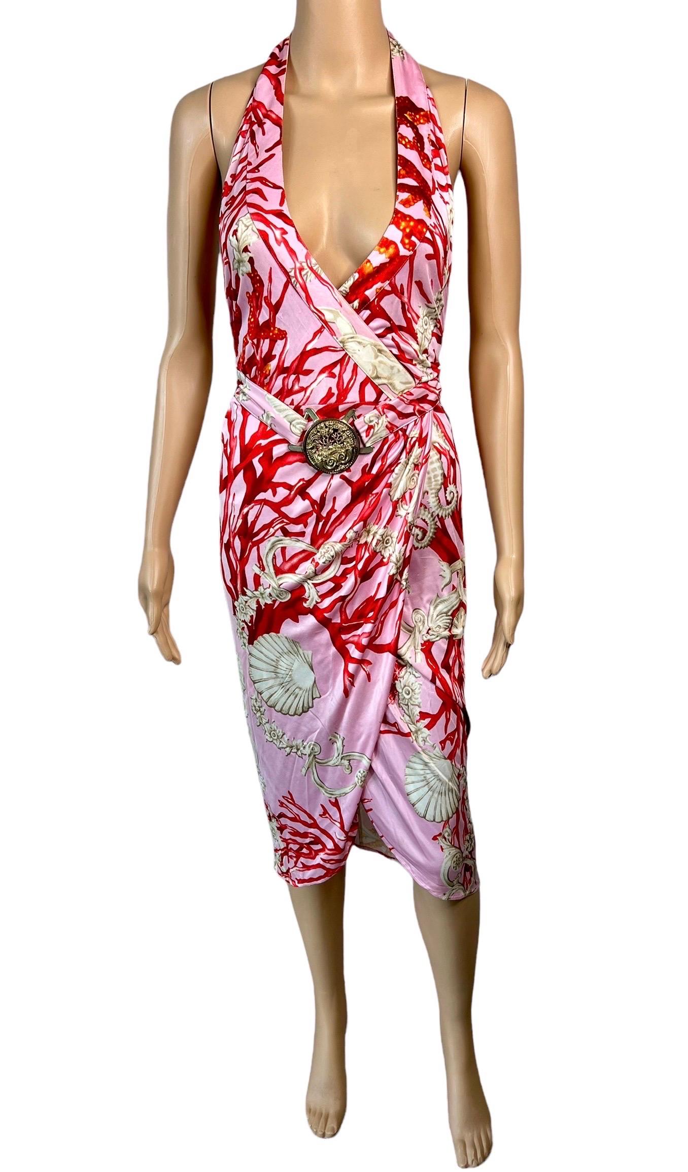 Women's Versace S/S 2005 Plunging Neckline Backless Seashell Print Belted Wrap Dress For Sale