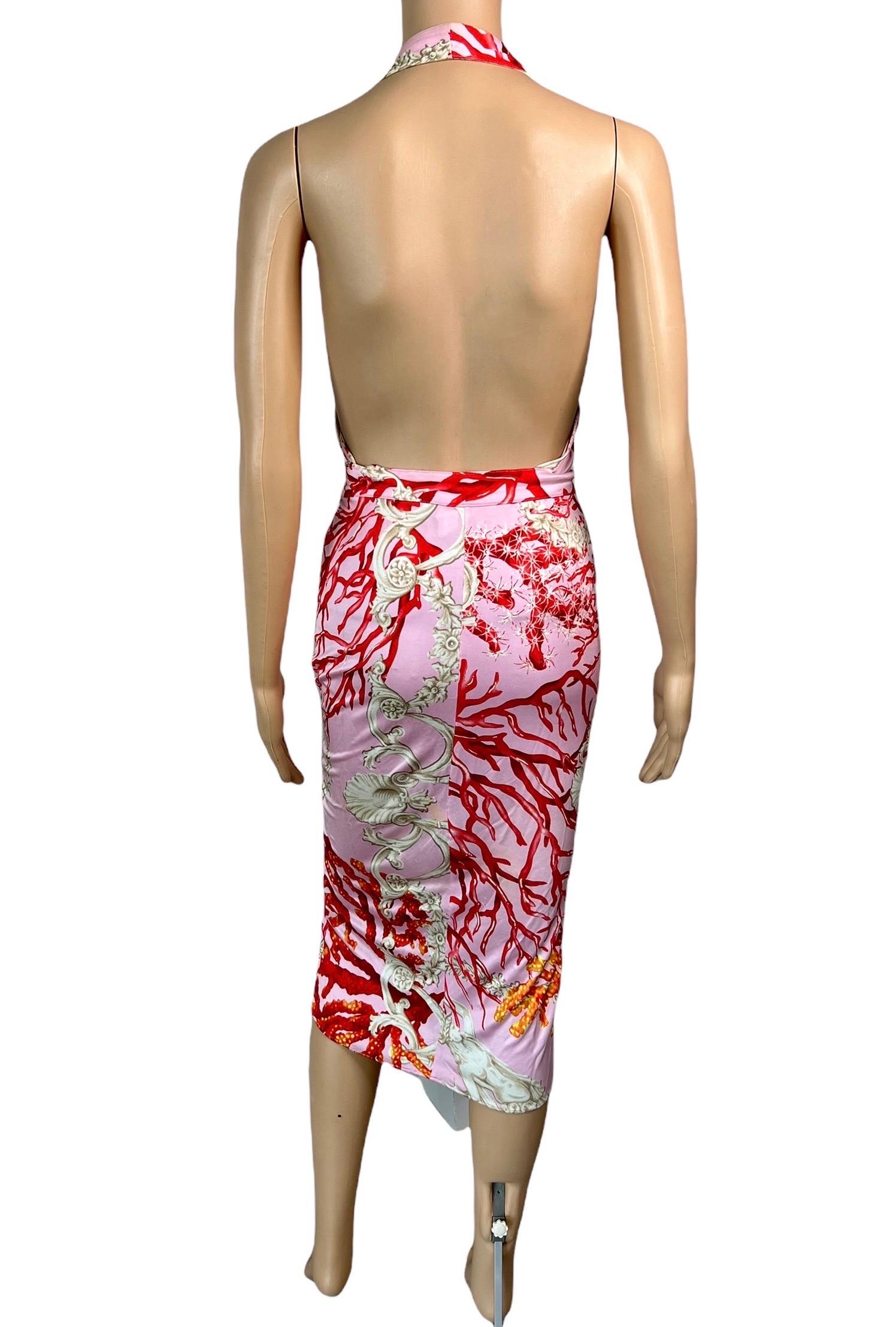 Versace S/S 2005 Plunging Neckline Backless Seashell Print Belted Wrap Dress For Sale 1