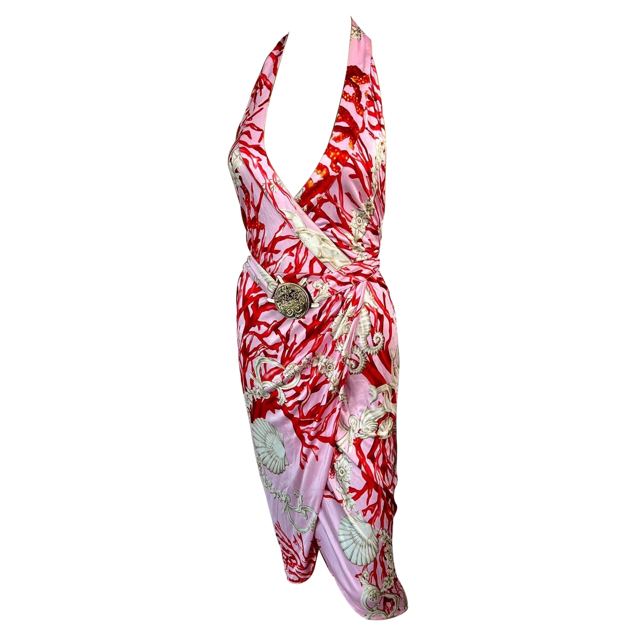 Versace P/E 2005 - Vestito a portafoglio con cintura con stampa conchiglie e scollatura profonda senza schienale