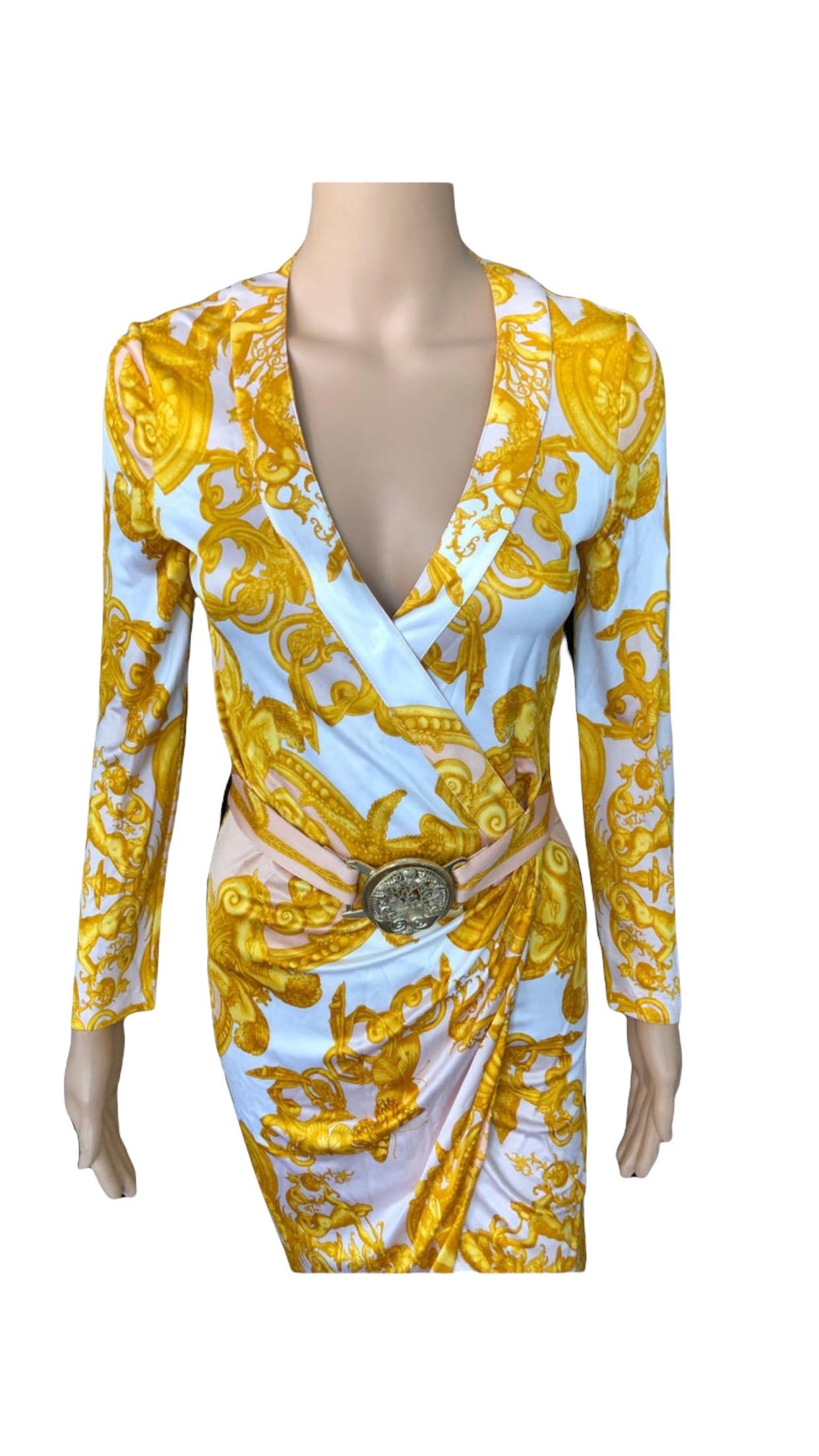 Orange Versace S/S 2005 Runway Baroque Print Belted Wrap Dress For Sale