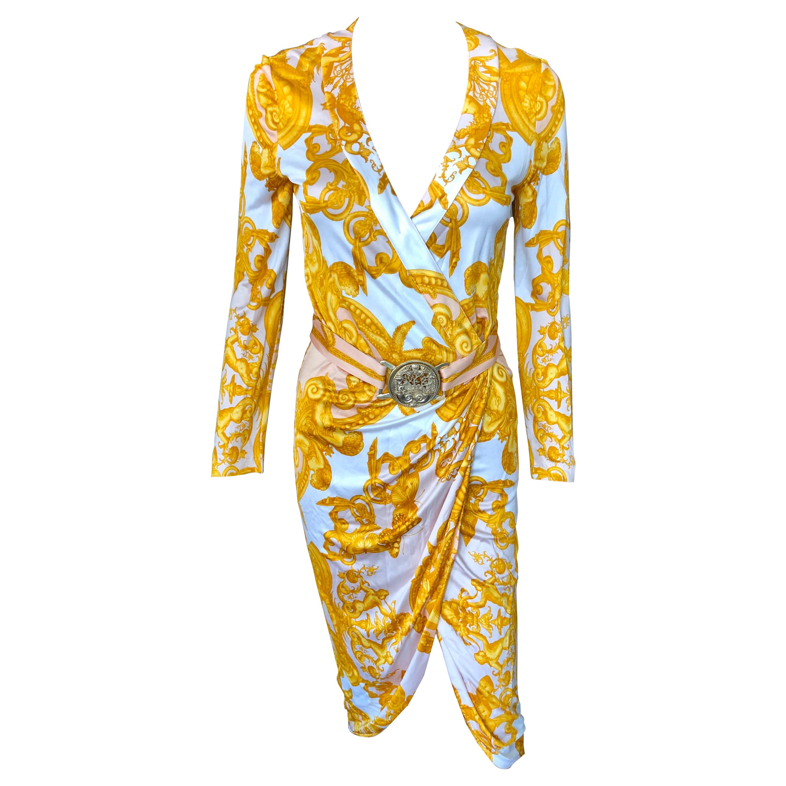 Versace S/S 2005 Runway Baroque Print Belted Wrap Dress For Sale