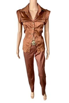 Versace S/S 2005 Runway Blouse Shirt Top & Medusa Logo Belted Pants 2 Piece Set