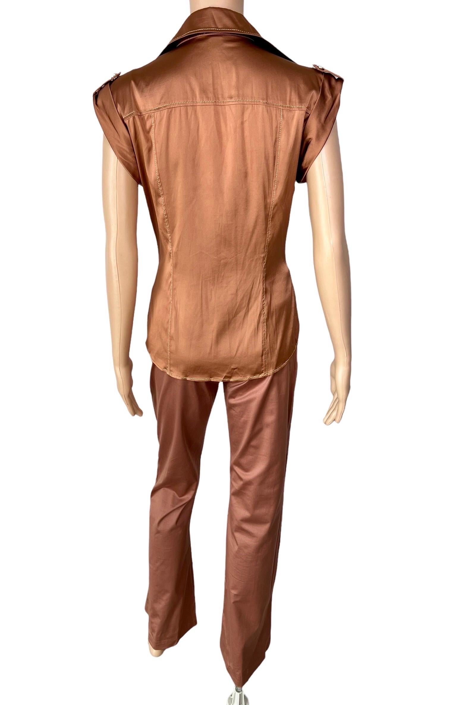 Brown Versace S/S 2005 Runway Blouse Shirt Top & Medusa Logo Belted Pants 2 Piece Set For Sale