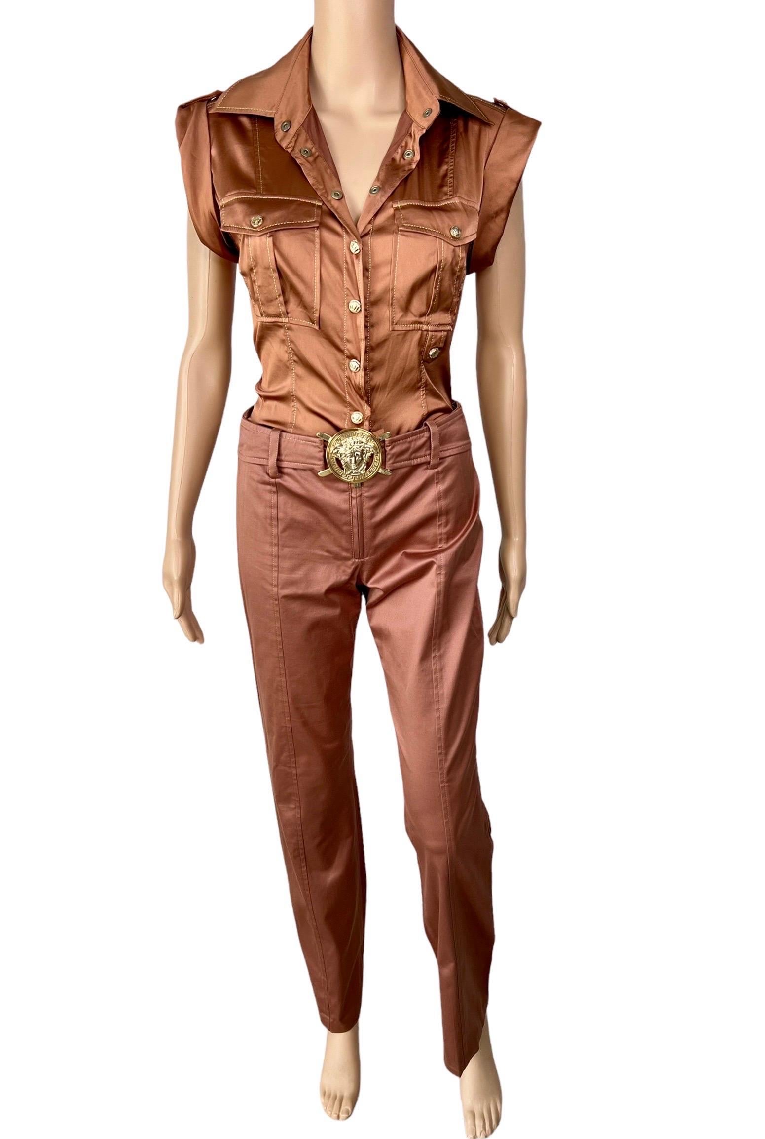Women's or Men's Versace S/S 2005 Runway Blouse Shirt Top & Medusa Logo Belted Pants 2 Piece Set For Sale