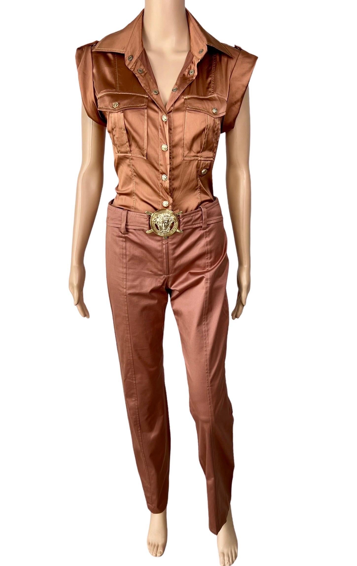 Versace S/S 2005 Runway Blouse Shirt Top & Medusa Logo Belted Pants 2 Piece Set For Sale 2
