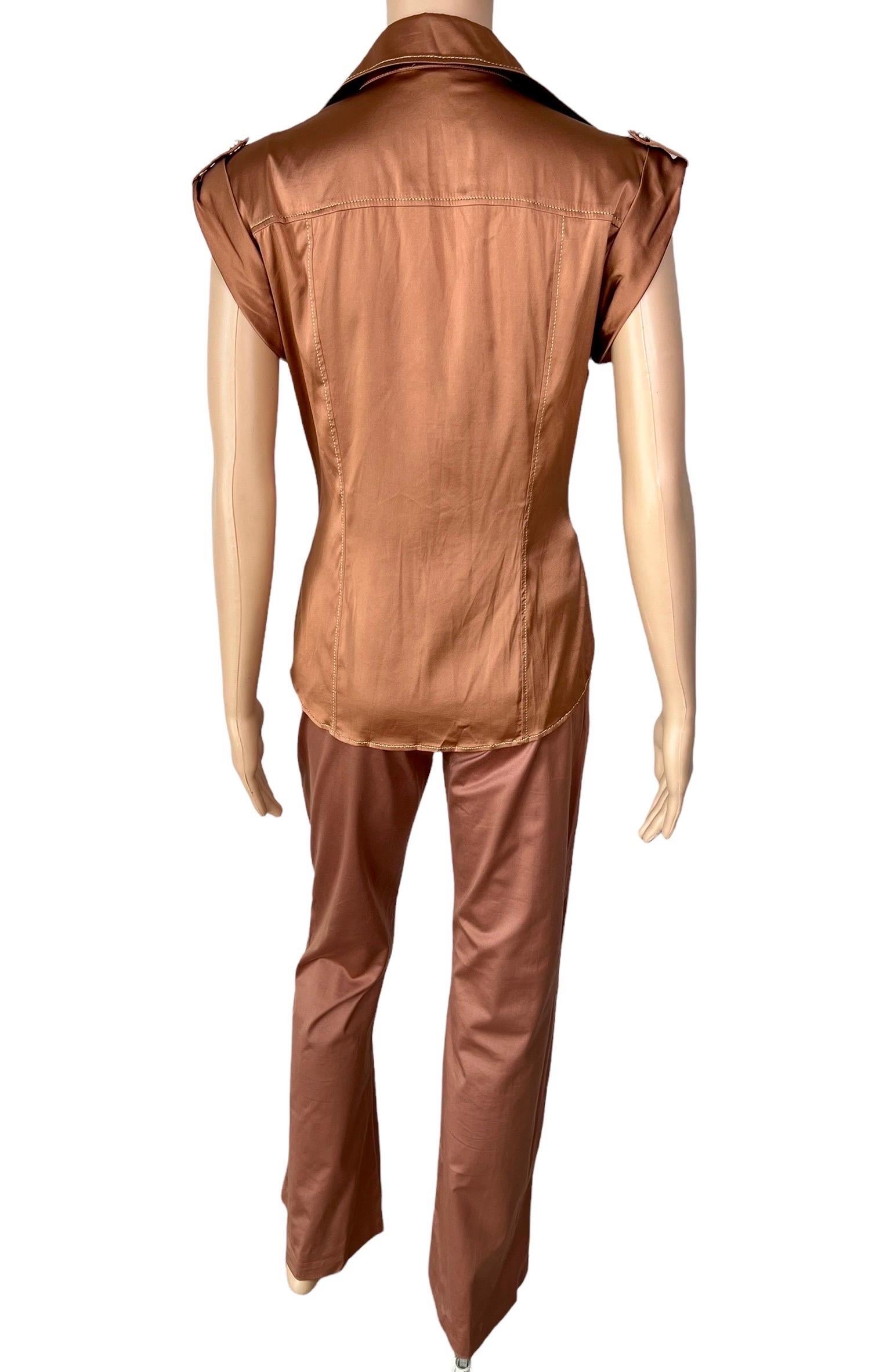 Versace S/S 2005 Runway Blouse Shirt Top & Medusa Logo Belted Pants 2 Piece Set For Sale 3