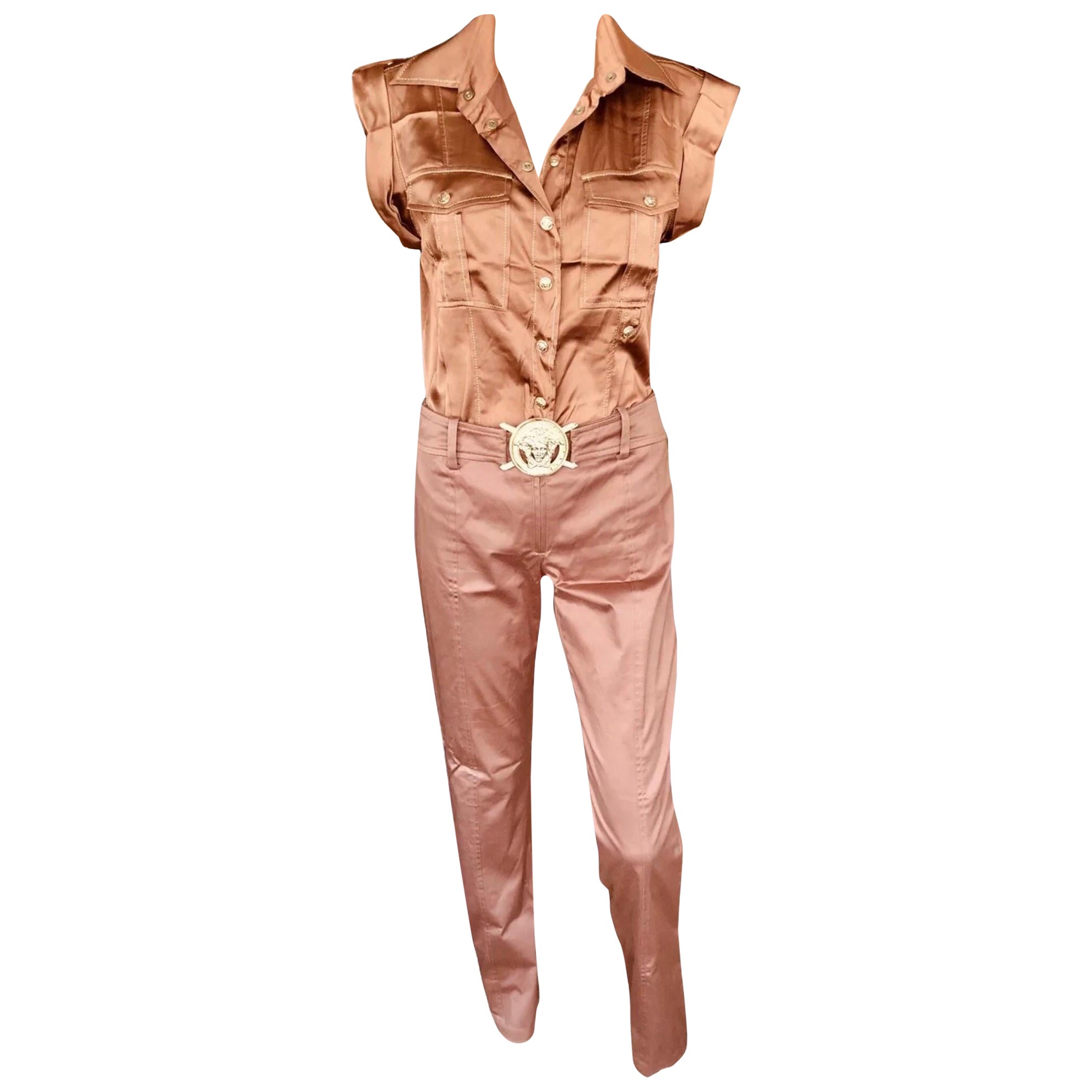 Versace S/S 2005 Laufsteg Bluse Hemd Top & Medusa Logo Gürtel Hose 2 Stück Set