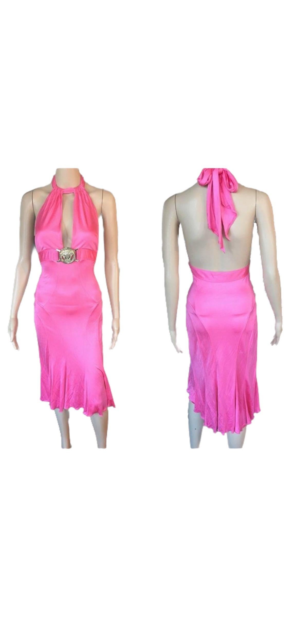 Pink Versace S/S 2005 Runway Halter Plunging Neckline Medusa Logo Dress For Sale