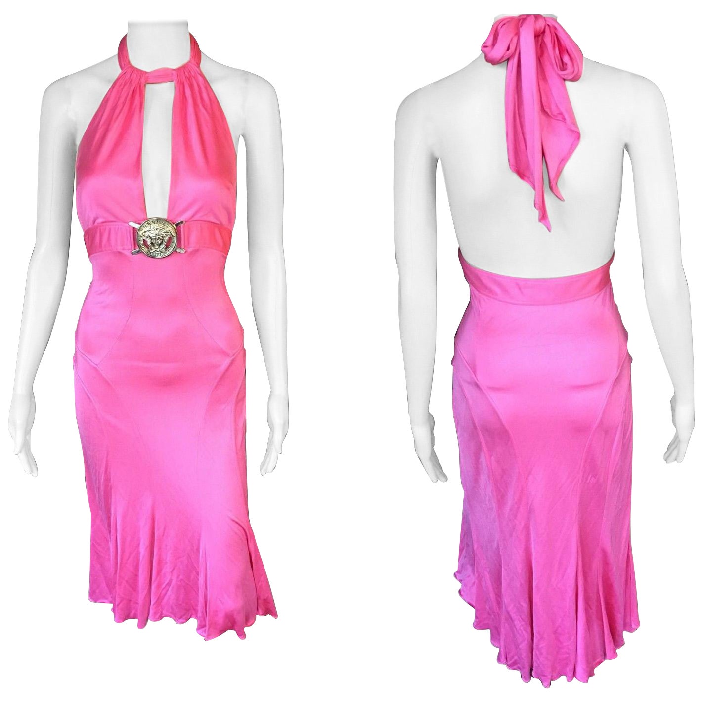 Versace S/S 2005 Laufsteg Halfter mit tiefem Ausschnitt Medusa Logo Kleid