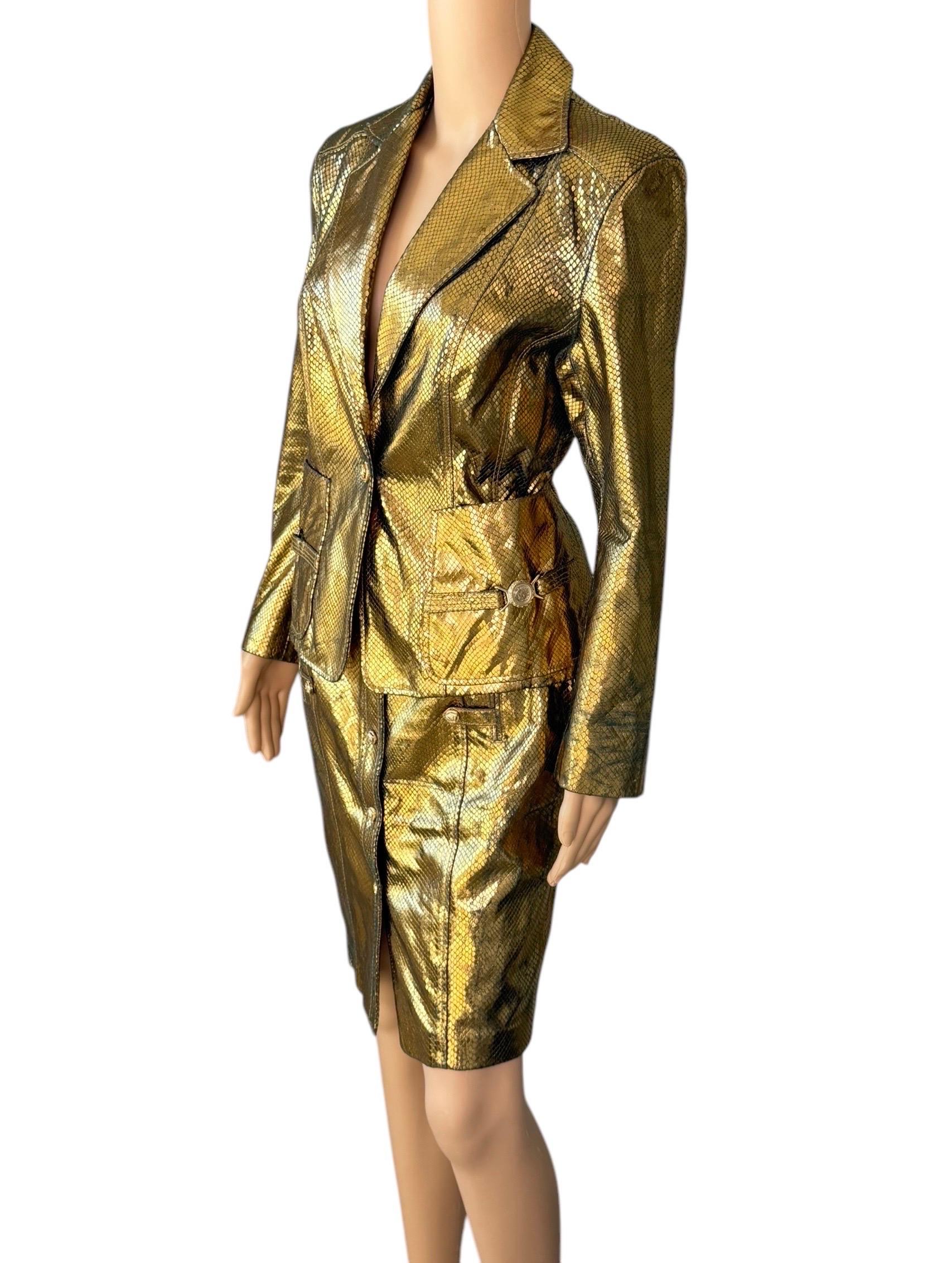 Brown Versace S/S 2005 Runway Leather Blazer Jacket Top & Skirt 2 Piece Set Ensemble For Sale