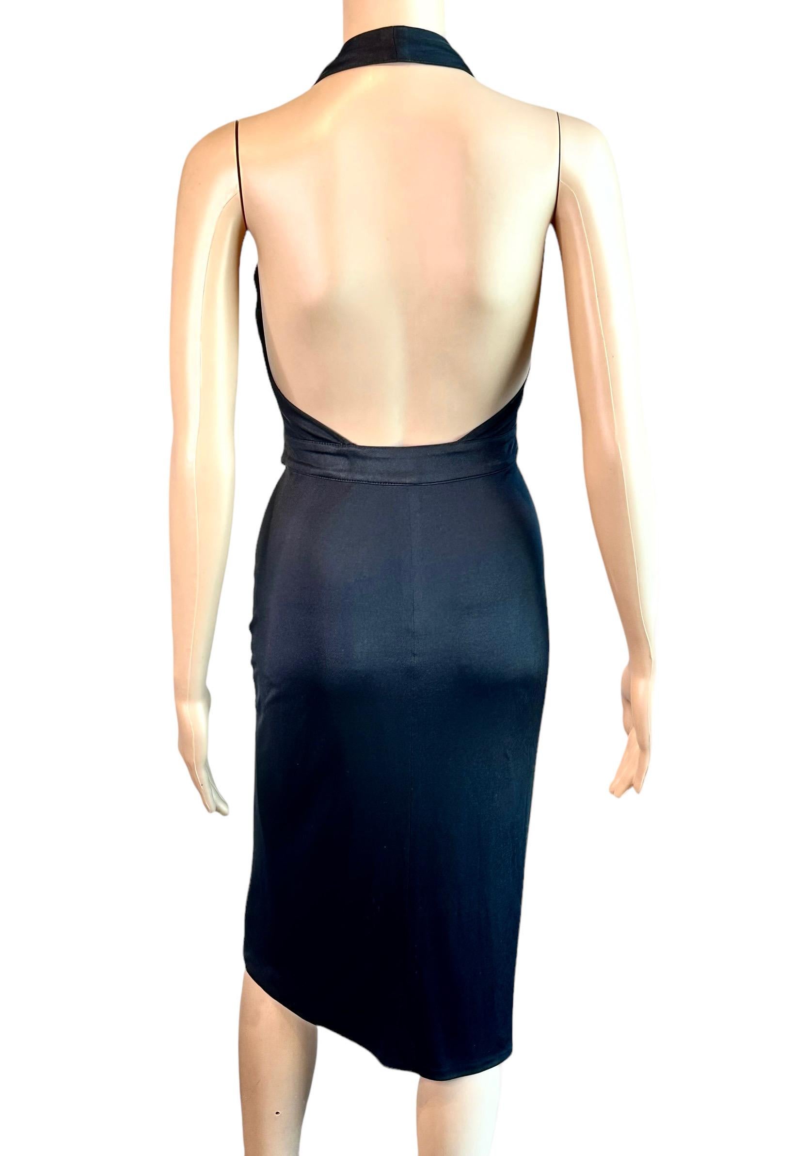 Versace S/S 2005 Runway Logo Belt Plunging Backless Wrap Black Dress For Sale 9