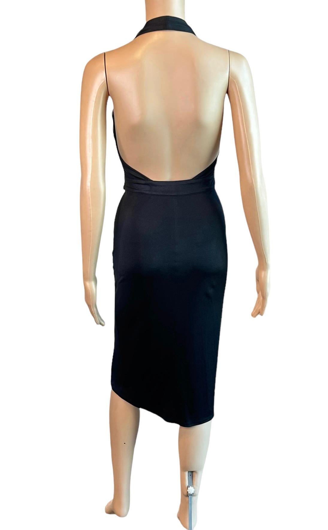 Versace S/S 2005 Runway Logo Belt Plunging Backless Wrap Black Dress For Sale 4