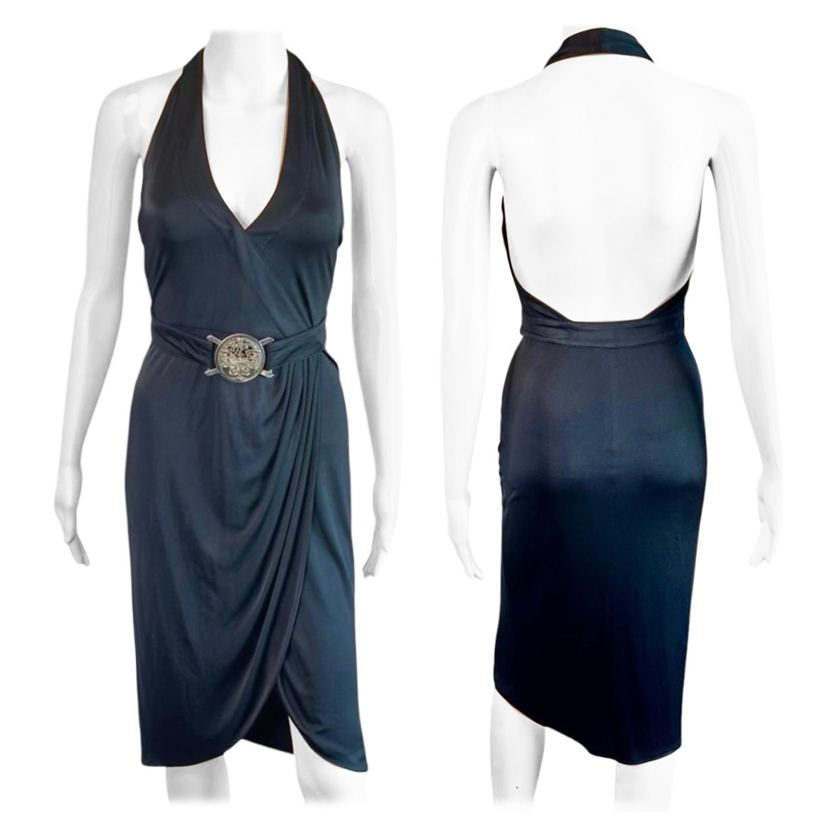Versace F/S 2005 Laufsteg Logo Gürtel tief ausgeschnittenes rückenes schwarzes Wickelkleid