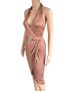 Versace S/S 2005 Runway Logo Belt Plunging Backless Wrap Dress