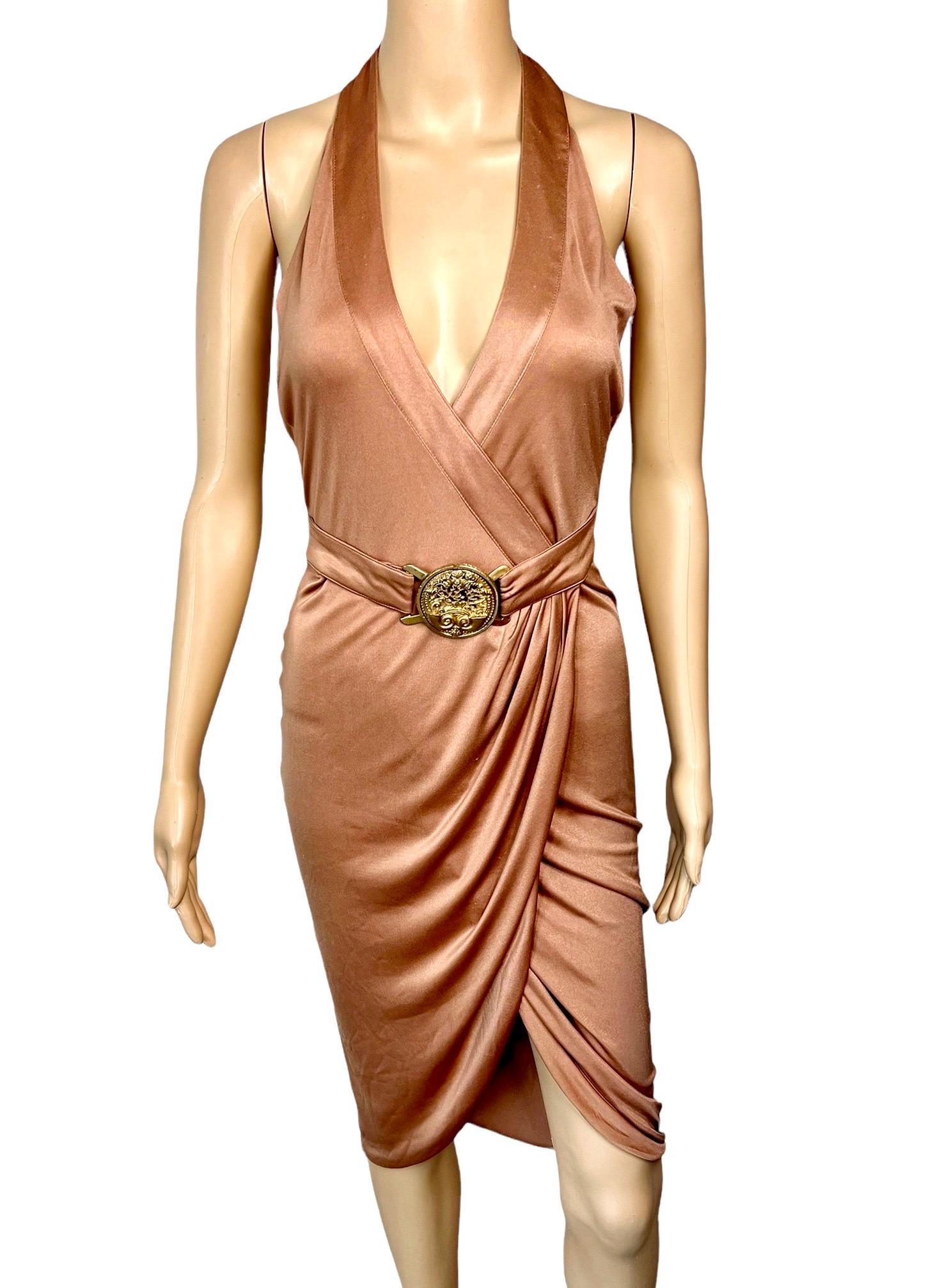 Brown Versace S/S 2005 Runway Logo Belt Plunging Backless Wrap Dress For Sale