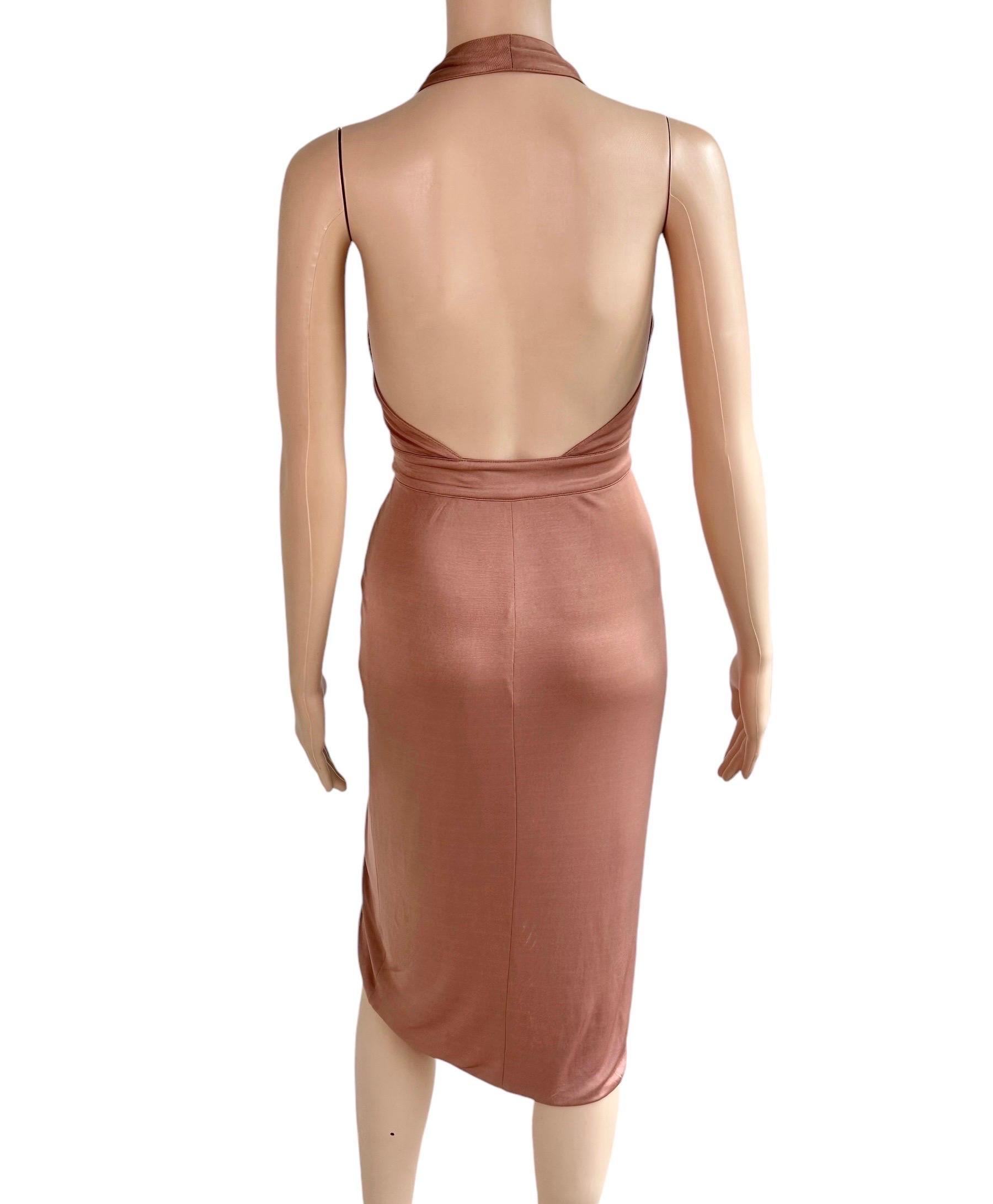 Marron Versace S/S 2005 Runway Logo Belt Plunging Backless Wrap Dress en vente