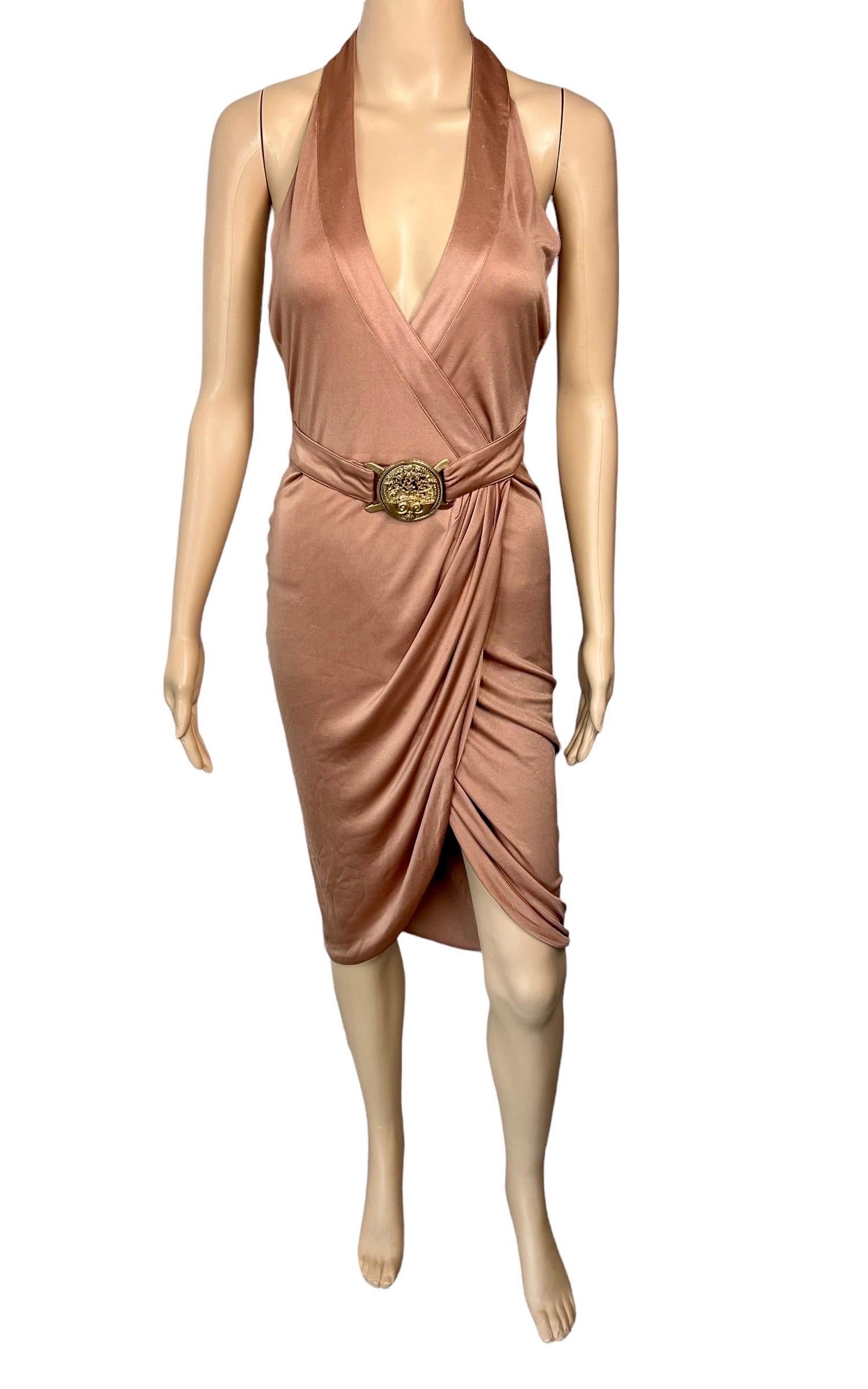 Versace S/S 2005 Runway Logo Belt Plunging Backless Wrap Dress For Sale 1