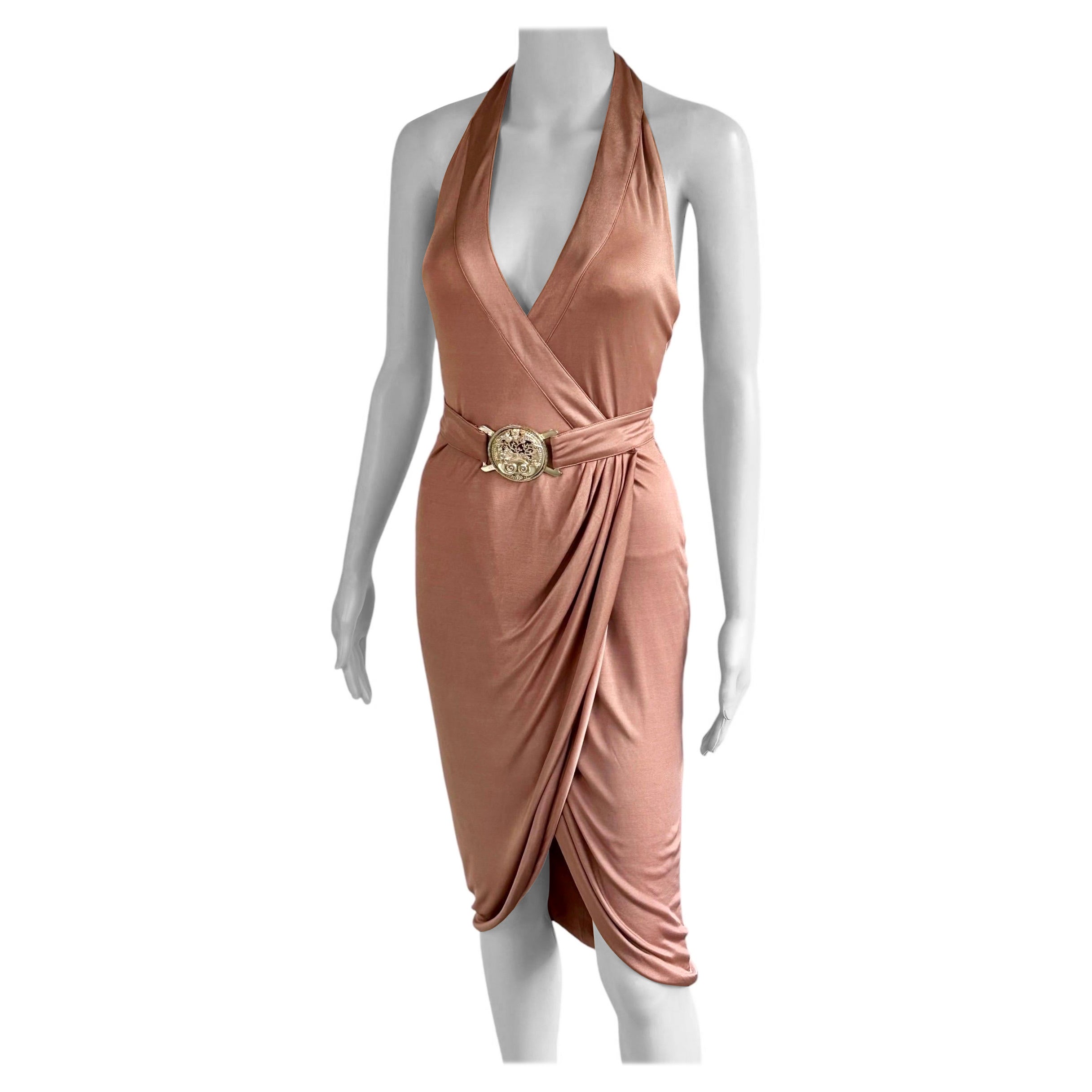 Versace S/S 2005 Runway Logo Belt Plunging Backless Wrap Dress