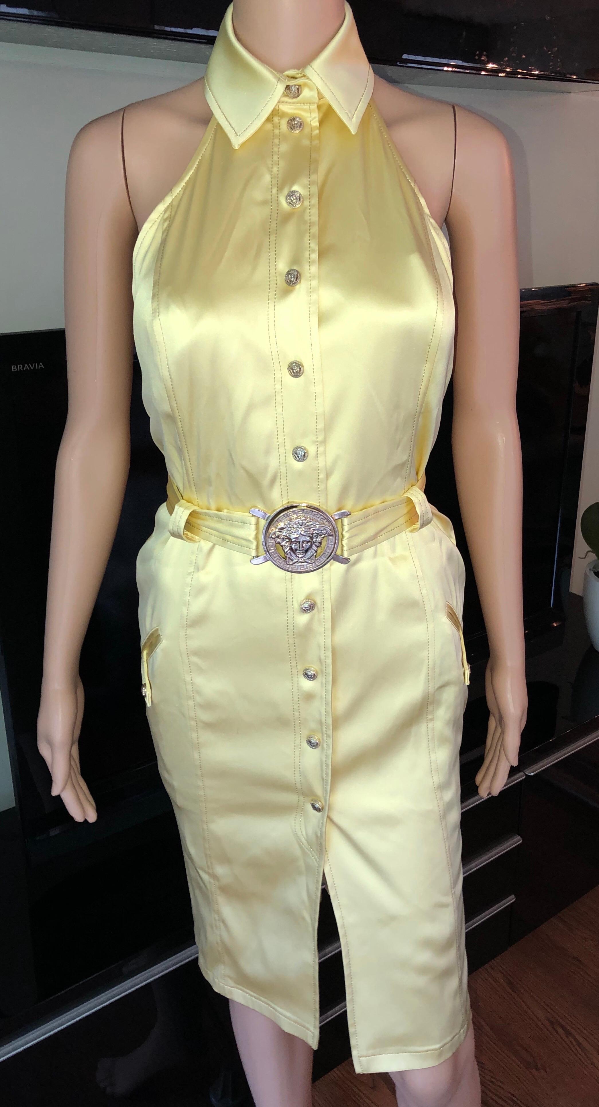 Beige Versace S/S 2005 Runway Logo Belted Cutout Back Dress For Sale