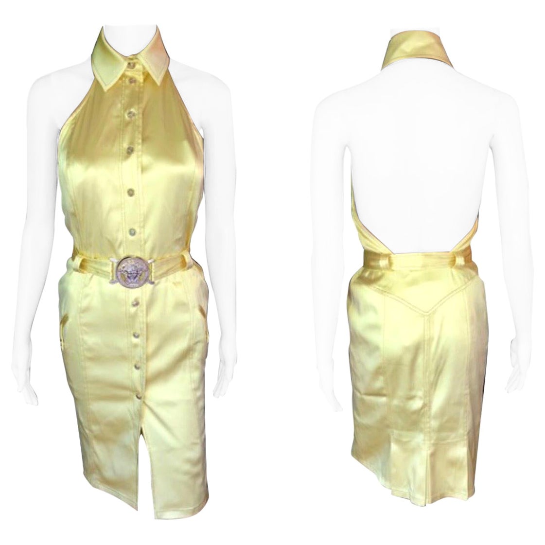 Versace F/S 2005 Laufsteg Logo-Kleid mit Gürtel und Ausschnitt am Rücken